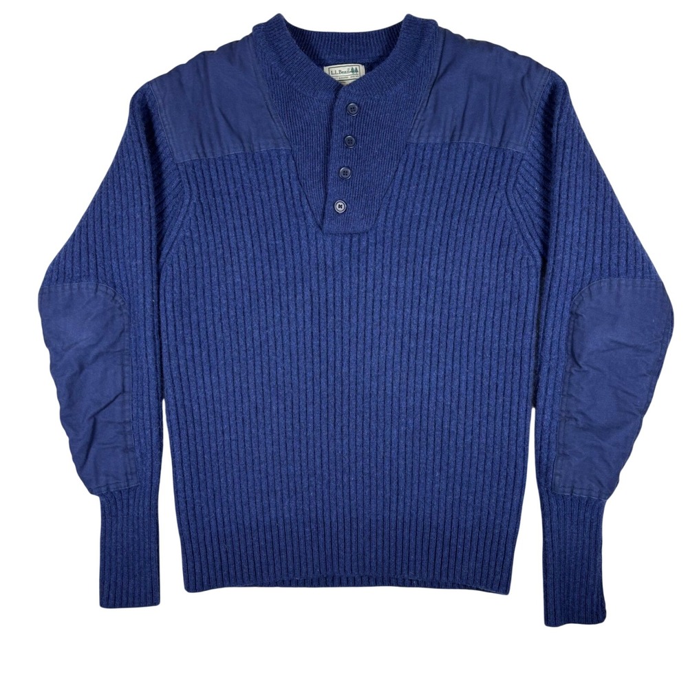 LL Bean Mens Merino Lambswool Commando Sweater Blue Henley Elbow PatchesL